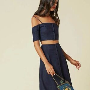 Reformation | Ava navy linen off-shoulder bralette top